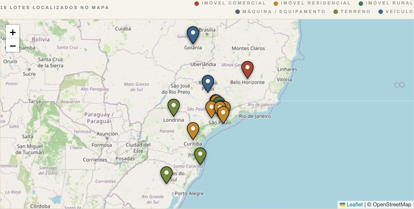 Catálogo do AuctionLight: os lotes num mapa real, coloridos por categoria